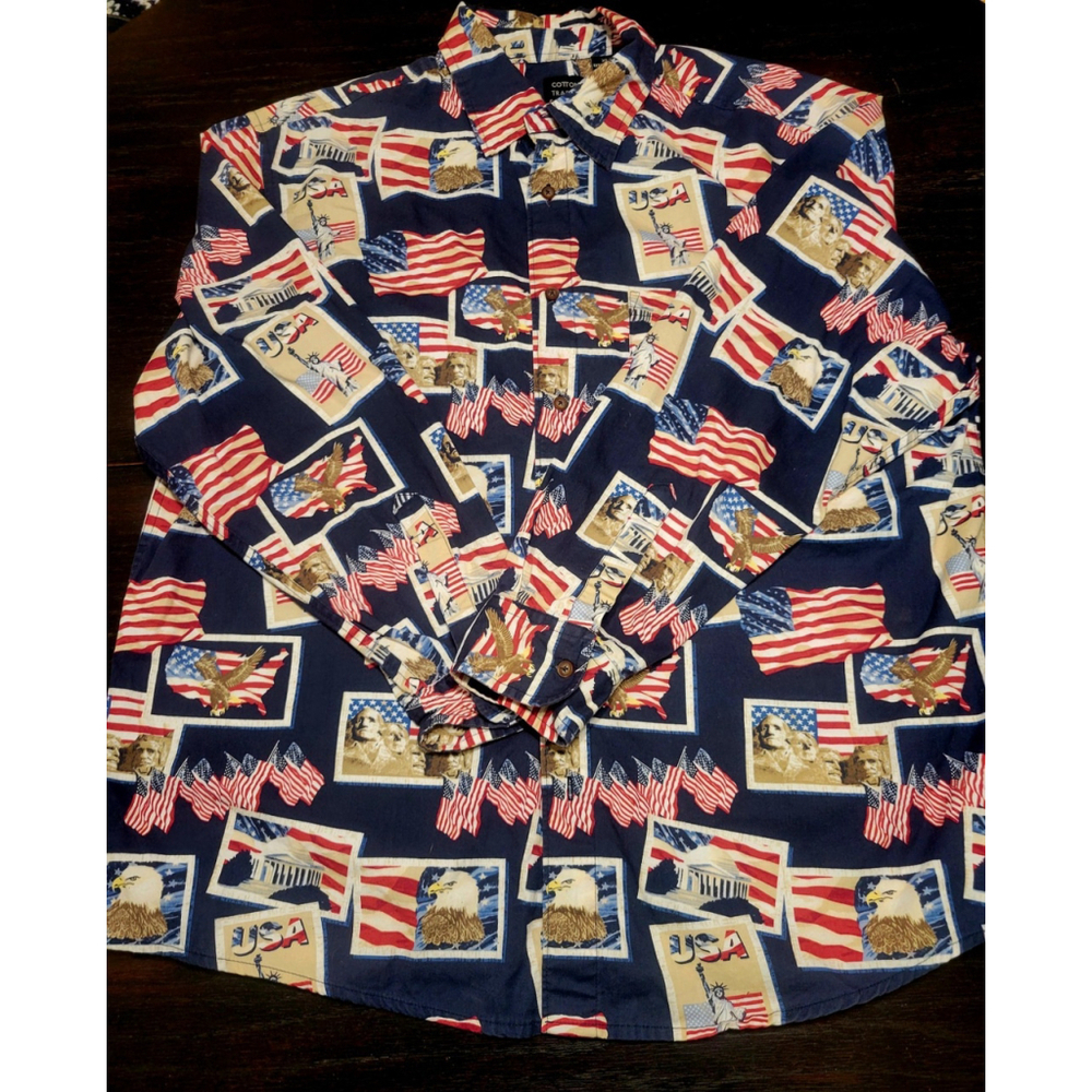 Cotton Traders Sport Mens XL Long Sleeve Button Up Patriotic July 4th America